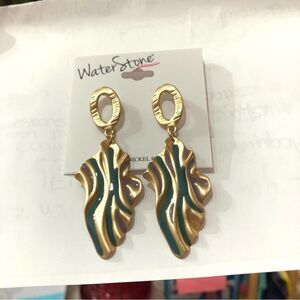 Gold Green Striped Leaf Shaped Dangle Earrings NICKEL FREE